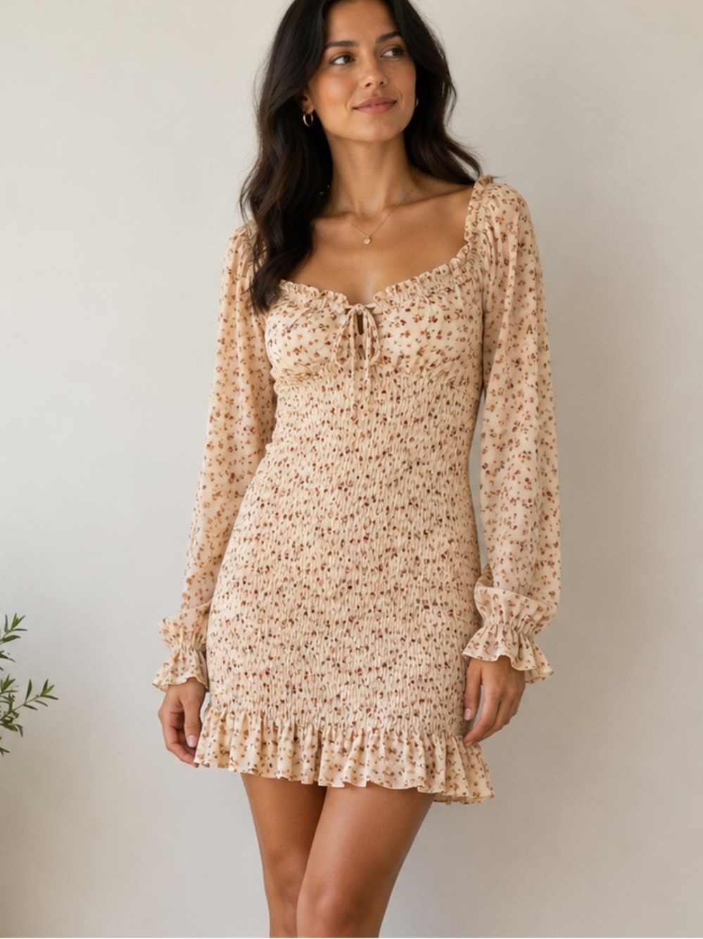 Timing Floral Smocked Long Sleeve Mini Dres